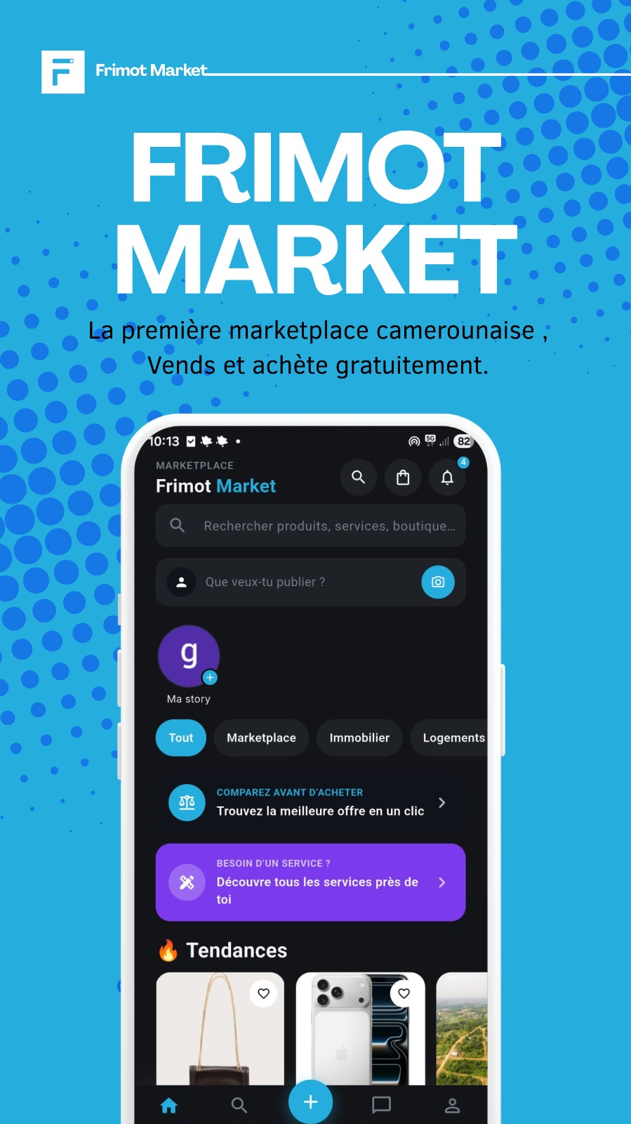 Écran d'accueil de Frimot Market : fil d'annonces, recherche et catégories